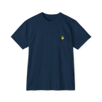 A front preview of the true navy clock it pocket t-shirt with a yellow Clock It Motif on front left chest pocket.