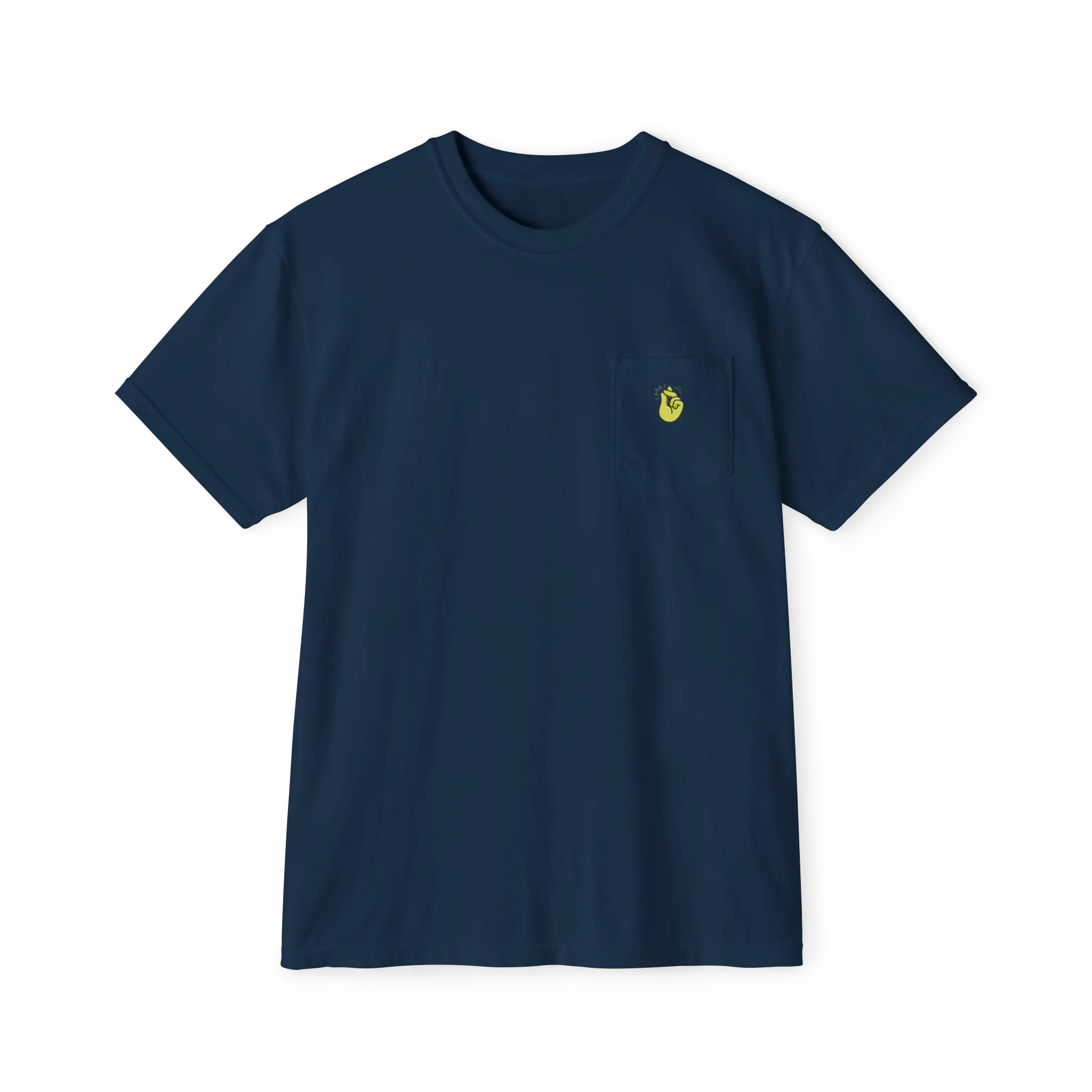 A front preview of the true navy clock it pocket t-shirt with a yellow 'Clock It' Motif on front left chest pocket.