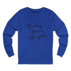 True Royal Bella Thinking Positive Thoughts long sleeve tee, handwritten graphic, crew neck, front view.