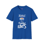 A true royal Bella Trans Rights Are Human Rights T-Shirt — hand-lettered rainbow graphic, front preview — LGBTQ pride tee.
