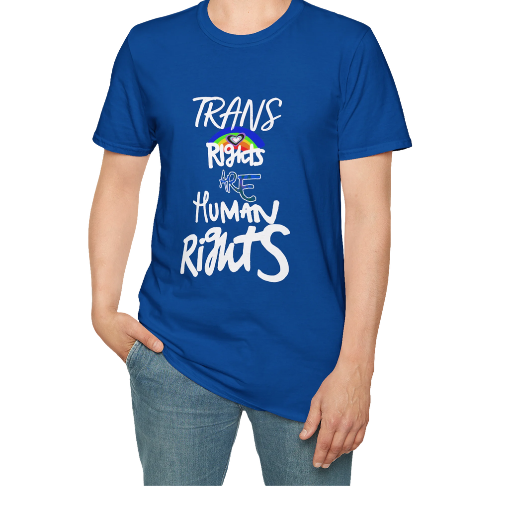 A person wearing the true royal Bella Trans Rights Are Human Rights T-Shirt — hand-lettered rainbow graphic, front preview — LGBTQ pride tee.