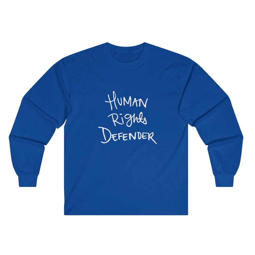 True Royal Blue Human Rights Defender long sleeve tee, front view.