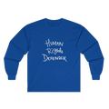 True Royal Blue Human Rights Defender long sleeve tee, front view.