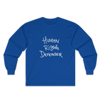 True Royal Blue Human Rights Defender long sleeve tee, front view.
