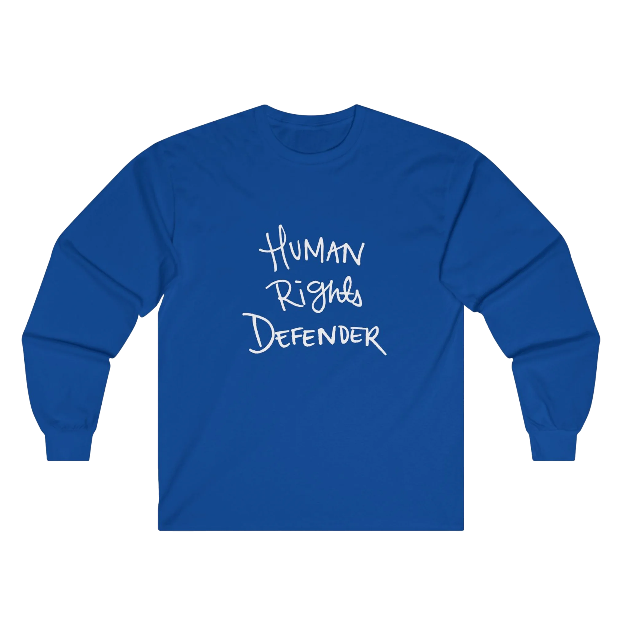 True Royal Blue Human Rights Defender long sleeve tee, front view.