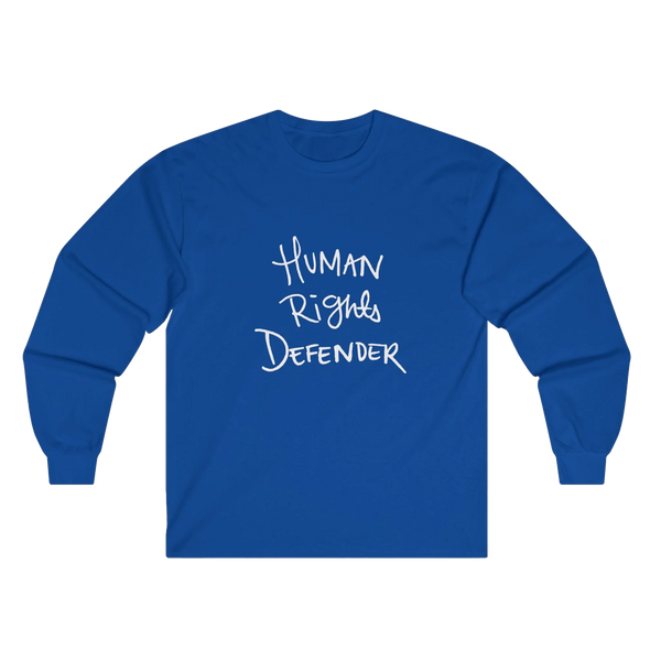 True Royal Blue Human Rights Defender long sleeve tee, crew neck, front view.