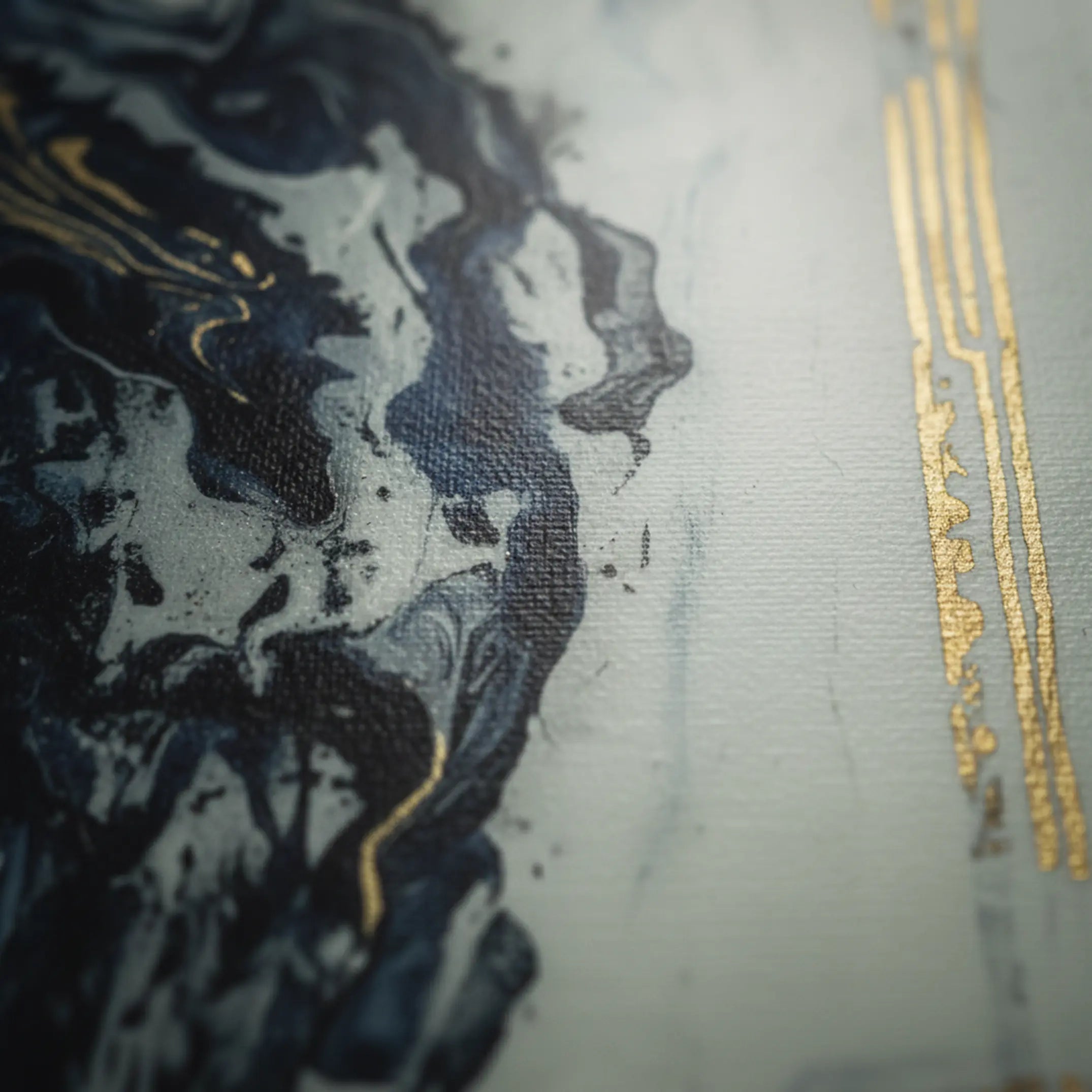 Close-up texture detail of "Tu Gough" gallery-wrapped abstract canvas by FREEBRD — fluid ink and acrylic art in deep navy, charcoal, ivory and gold geometric lines on premium DTF canvas with archival matte finish.