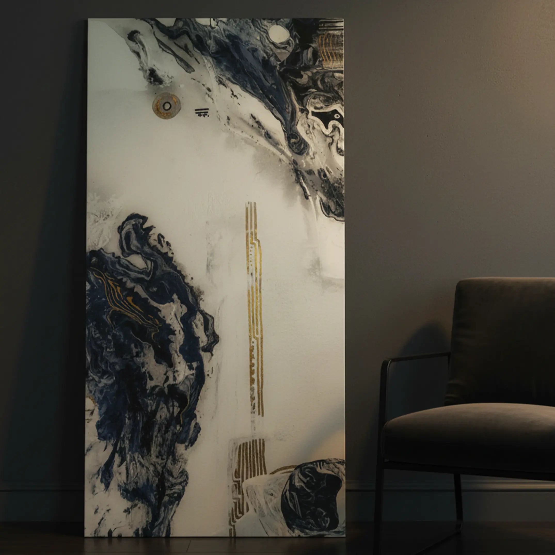 "Tu Gough" 24x48 vertical gallery-wrapped abstract canvas by FREEBRD leaning against a modern interior wall beside a contemporary accent chair — size reference for large vertical abstract wall art decor.