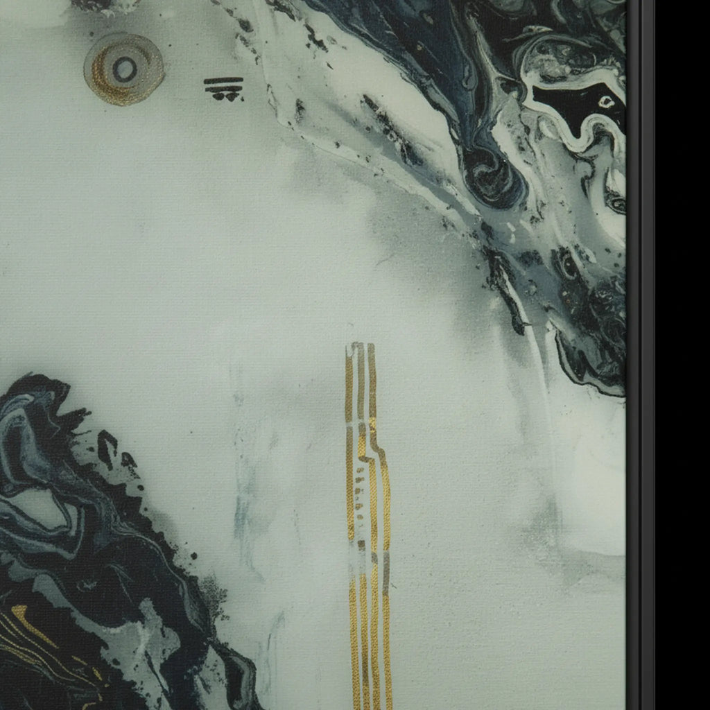 Close-up texture detail of "Tu Gough" framed abstract canvas by FREEBRD — fluid ink and acrylic art in deep navy, charcoal, ivory and gold on premium DTF canvas with black wood frame and archival matte finish.