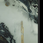 Close-up texture detail of "Tu Gough" framed abstract canvas by FREEBRD — fluid ink and acrylic art in deep navy, charcoal, ivory and gold on premium DTF canvas with black wood frame and archival matte finish.