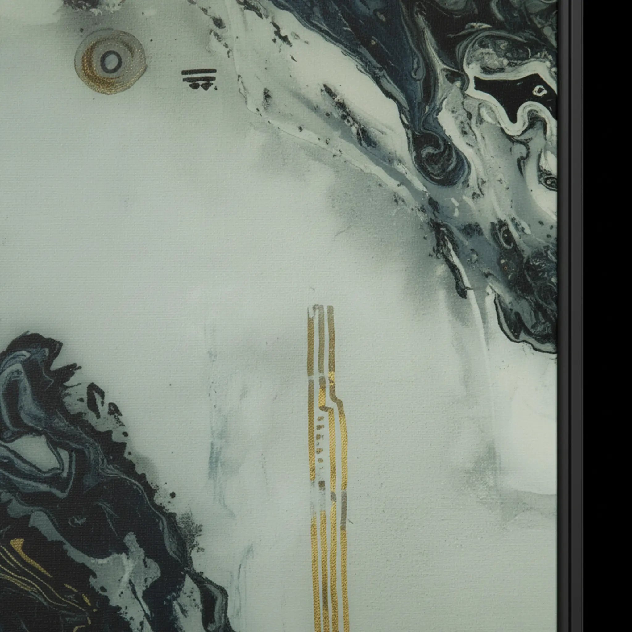 Close-up texture detail of "Tu Gough" framed abstract canvas by FREEBRD — fluid ink and acrylic art in deep navy, charcoal, ivory and gold on premium DTF canvas with black wood frame and archival matte finish.