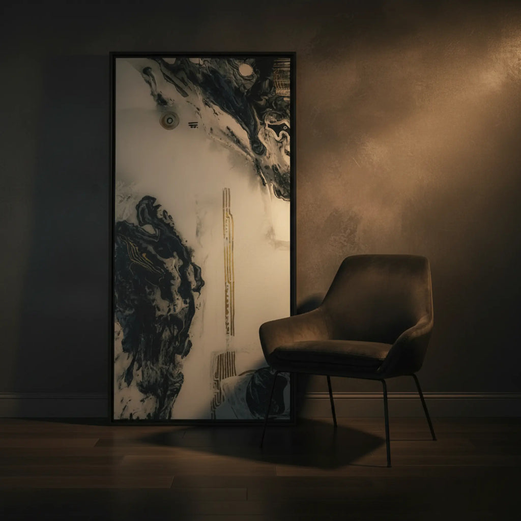 "Tu Gough" 30x60 vertical gallery-wrapped abstract canvas by FREEBRD leaning against a dark moody wall beside a contemporary velvet accent chair — size reference for large vertical abstract wall art decor.