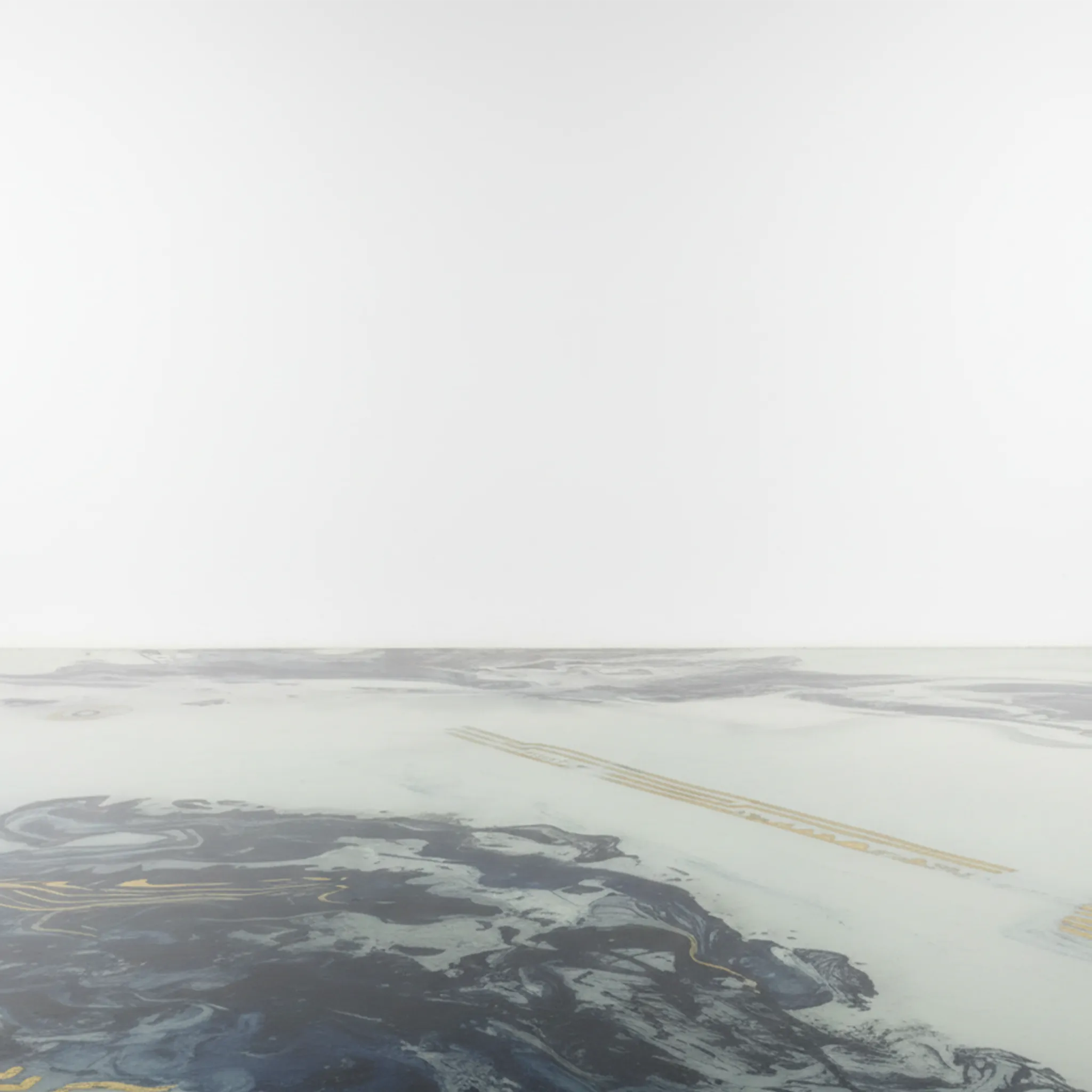 Abstract fluid pour floor texture in navy, slate grey, and gold on white background, wide curved surface view.
