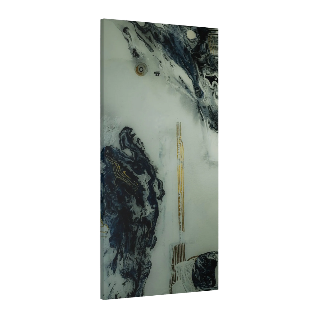 A side preview of the "Tu Gough” 24x48 modern canvas wall decor on a 1.25 inch thick canvas showing acrylic pour texture with blacks, grey tones, and gold color accents on a faded ink background.
