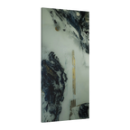 A side preview of the "Tu Gough” 24x48 modern canvas wall decor on a 1.25 inch thick canvas showing acrylic pour texture with blacks, grey tones, and gold color accents on a faded ink background.