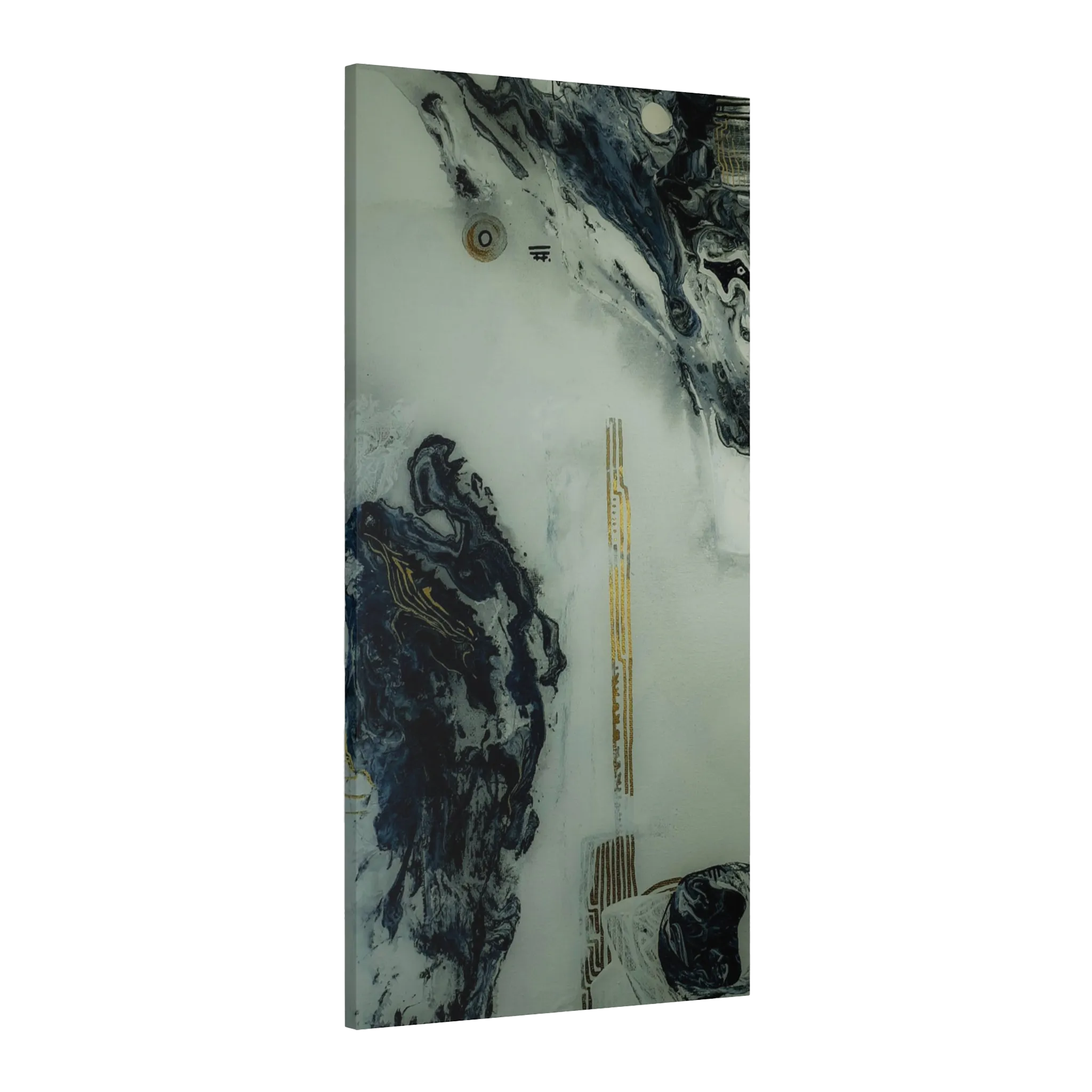 A side preview of the "Tu Gough” 24x48 modern canvas wall decor on a 1.25 inch thick canvas showing acrylic pour texture with blacks, grey tones, and gold color accents on a faded ink background.