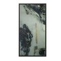 A front view of the "Tu Gough” 30x60 canvas with a 1.25 inch thickness framed modern art wall decor encased in a certified black wood frame showcasing abstract acrylic poured paint texture with blacks, grey hues, and gold color tones on a faded ink background.