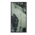 A front view of the "Tu Gough” 30x60 canvas with a 1.25 inch thickness framed modern art wall decor encased in a certified black wood frame showcasing abstract acrylic poured paint texture with blacks, grey hues, and gold color tones on a faded ink background.