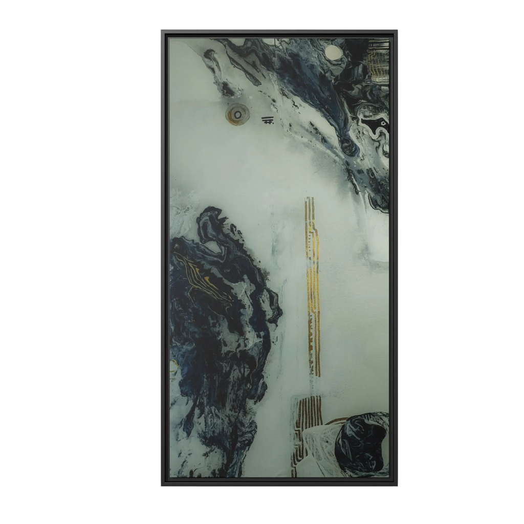 A front view of the "Tu Gough” 30x60 canvas with a 1.25 inch thickness framed modern art wall decor encased in a certified black wood frame showcasing abstract acrylic poured paint texture with blacks, grey hues, and gold color tones on a faded ink background.