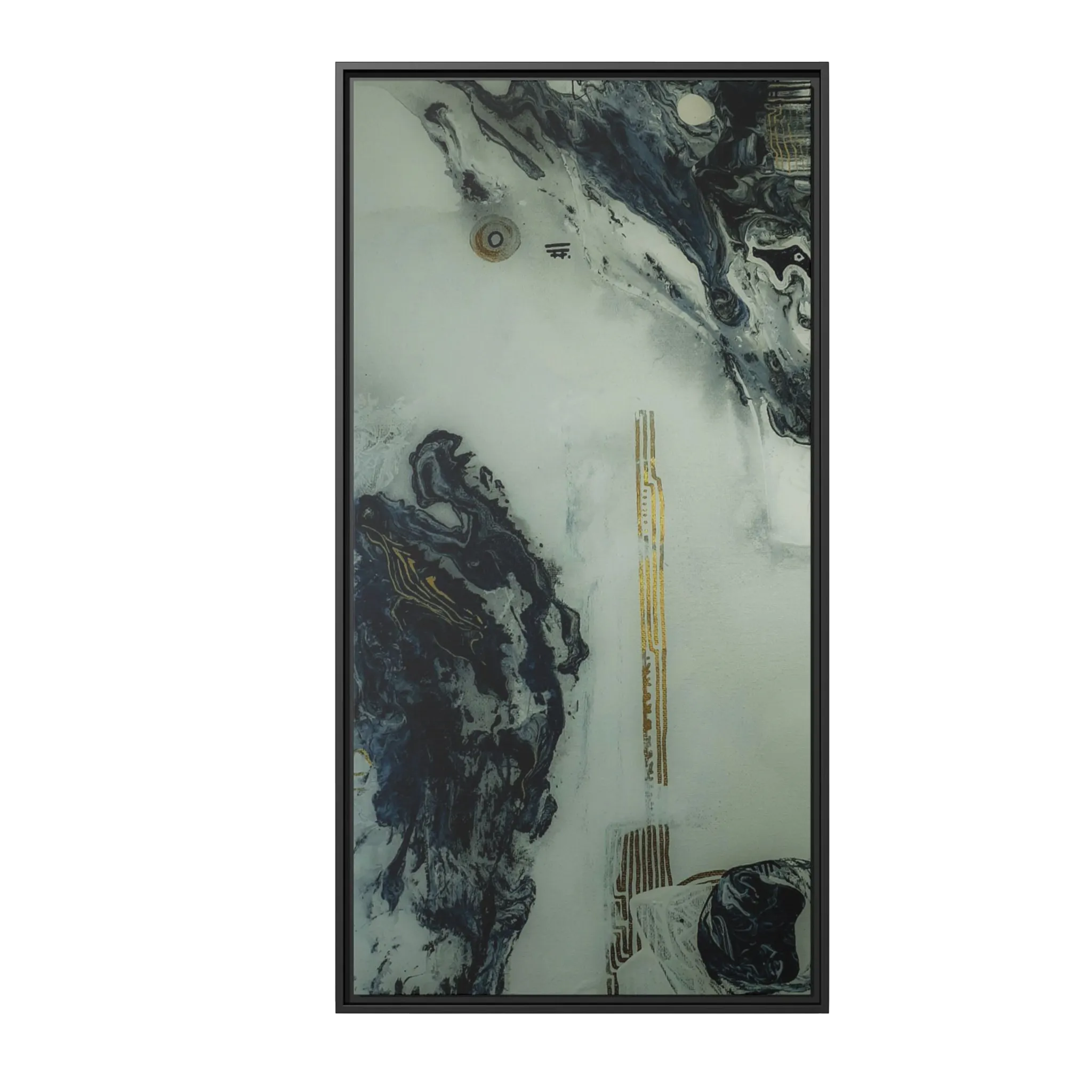 A front view of the "Tu Gough” 30x60 canvas with a 1.25 inch thickness framed modern art wall decor encased in a certified black wood frame showcasing abstract acrylic poured paint texture with blacks, grey hues, and gold color tones on a faded ink background.
