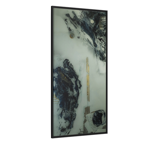 A side view of the "Tu Gough” 30x60 canvas with a 1.25 inch thickness framed modern art wall decor encased in a certified black wood frame showcasing abstract acrylic poured paint texture with blacks, grey hues, and gold color tones on a faded ink background.