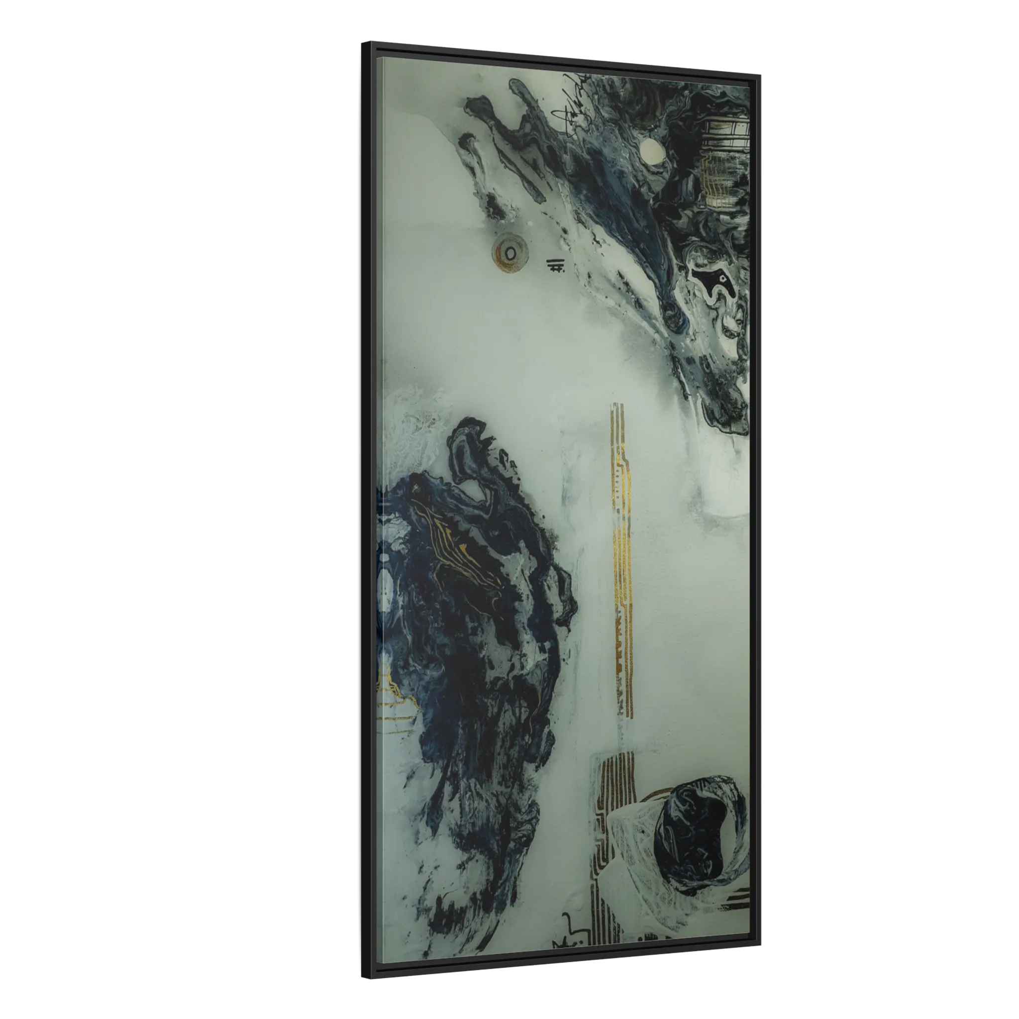 A side view of the "Tu Gough” 30x60 canvas with a 1.25 inch thickness framed modern art wall decor encased in a certified black wood frame showcasing abstract acrylic poured paint texture with blacks, grey hues, and gold color tones on a faded ink background.