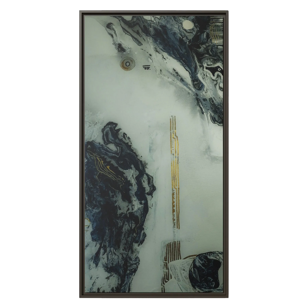 A front view of the "Tu Gough” 30x60 canvas with a 1.25 inch thickness framed modern art wall decor encased in a certified espresso wood frame showcasing abstract acrylic poured paint texture with blacks, grey hues, and gold color tones on a faded ink background.