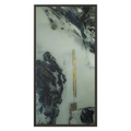 A front view of the "Tu Gough” 30x60 canvas with a 1.25 inch thickness framed modern art wall decor encased in a certified espresso wood frame showcasing abstract acrylic poured paint texture with blacks, grey hues, and gold color tones on a faded ink background.