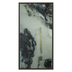 A front view of the "Tu Gough” 30x60 canvas with a 1.25 inch thickness framed modern art wall decor encased in a certified espresso wood frame showcasing abstract acrylic poured paint texture with blacks, grey hues, and gold color tones on a faded ink background.