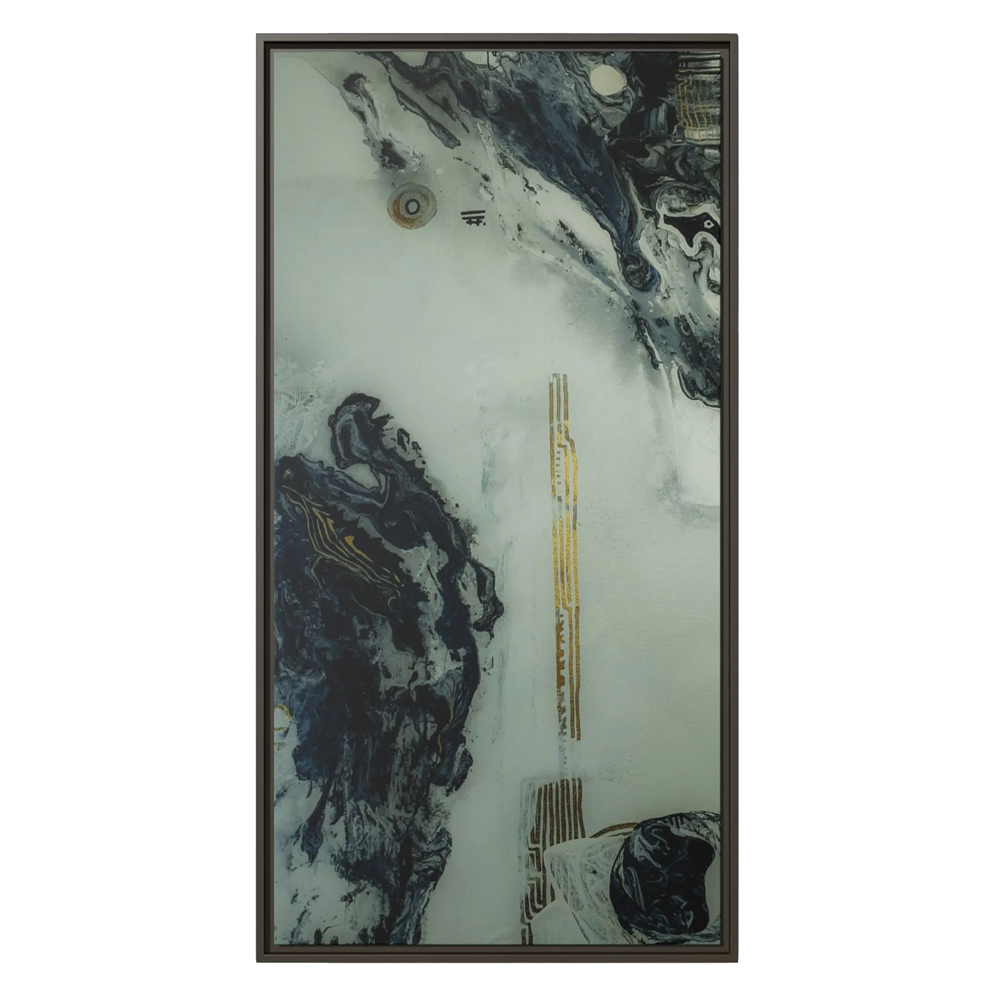 A front view of the "Tu Gough” 30x60 canvas with a 1.25 inch thickness framed modern art wall decor encased in a certified espresso wood frame showcasing abstract acrylic poured paint texture with blacks, grey hues, and gold color tones on a faded ink background.
