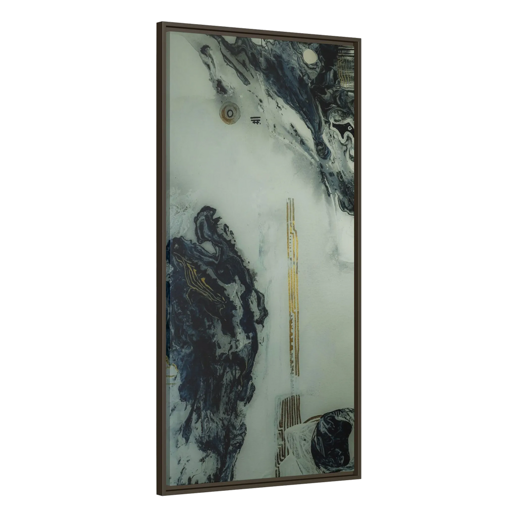 A side view of the "Tu Gough” 30x60 canvas with a 1.25 inch thickness framed modern art wall decor encased in a certified espresso wood frame showcasing abstract acrylic poured paint texture with blacks, grey hues, and gold color tones on a faded ink background.