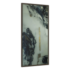 A side view of the "Tu Gough” 30x60 canvas with a 1.25 inch thickness framed modern art wall decor encased in a certified espresso wood frame showcasing abstract acrylic poured paint texture with blacks, grey hues, and gold color tones on a faded ink background.