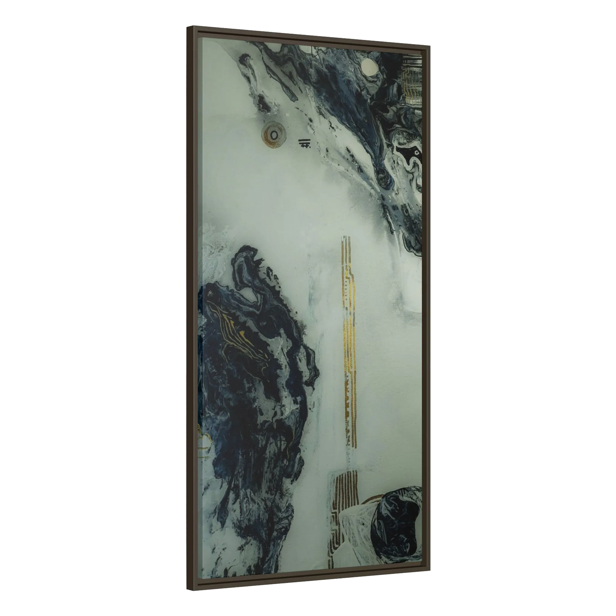 A side view of the "Tu Gough” 30x60 canvas with a 1.25 inch thickness framed modern art wall decor encased in a certified espresso wood frame showcasing abstract acrylic poured paint texture with blacks, grey hues, and gold color tones on a faded ink background.
