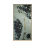 A front view of the "Tu Gough” 30x60 canvas with a 1.25 inch thickness framed modern art wall decor encased in a certified natural  wood frame showcasing abstract acrylic poured paint texture with blacks, grey hues, and gold color tones on a faded ink background.