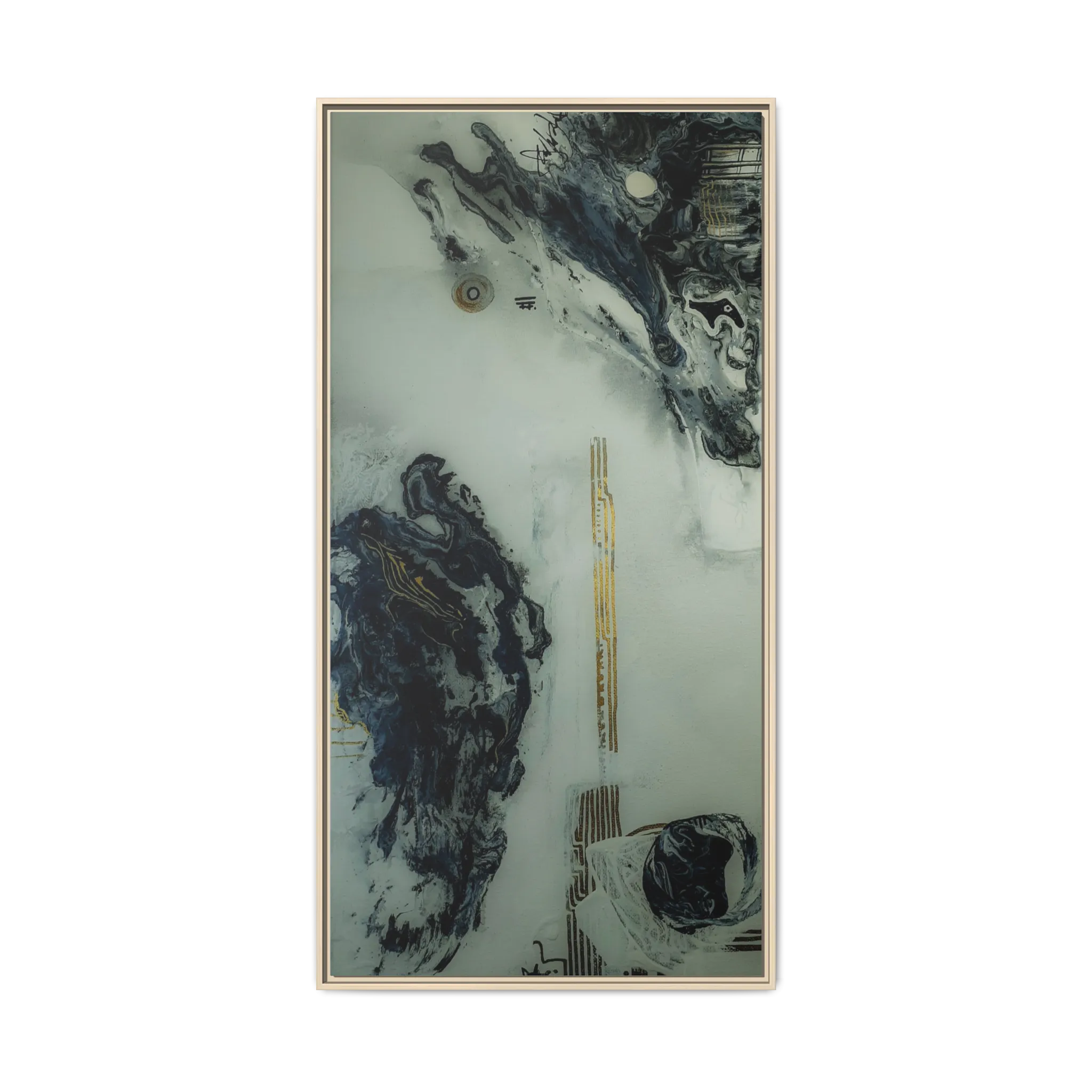 A front view of the "Tu Gough” 30x60 canvas with a 1.25 inch thickness framed modern art wall decor encased in a certified natural  wood frame showcasing abstract acrylic poured paint texture with blacks, grey hues, and gold color tones on a faded ink background.