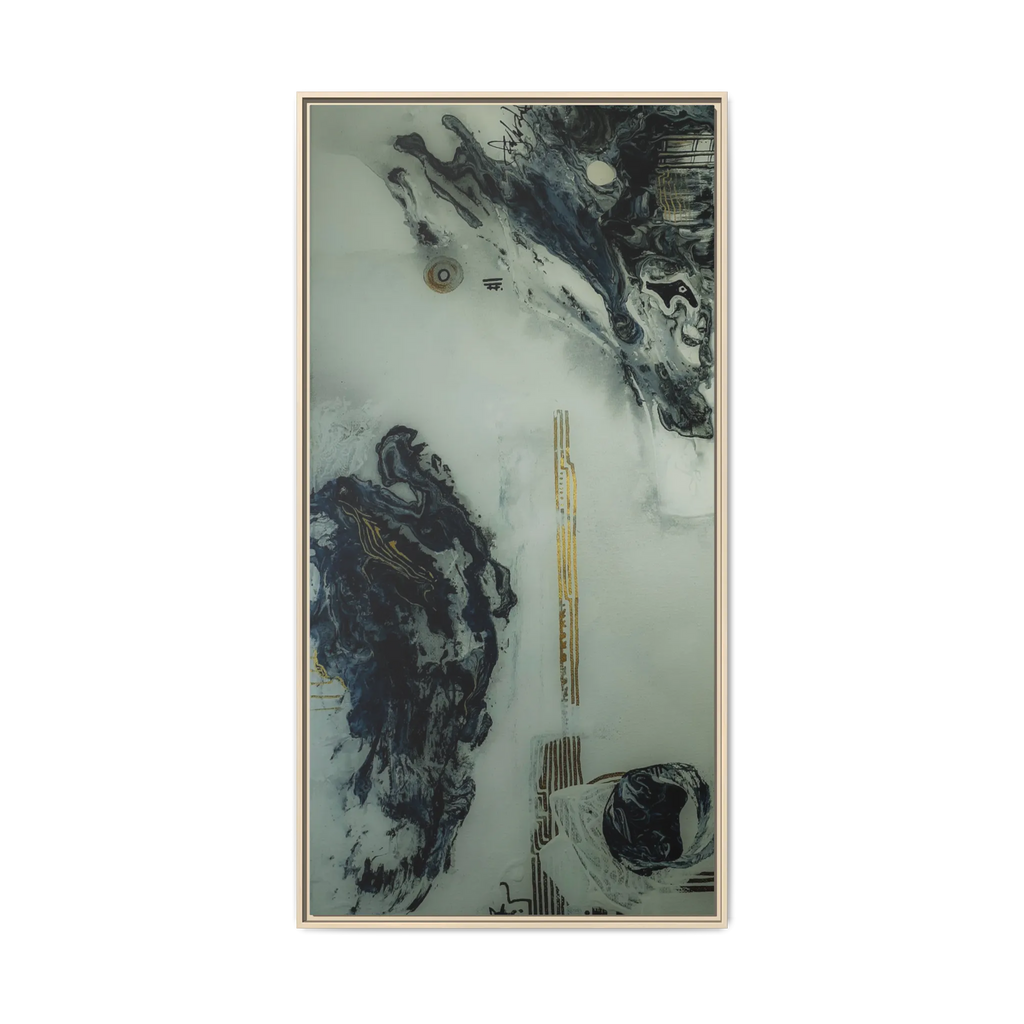 A front view of the "Tu Gough” 30x60 canvas with a 1.25 inch thickness framed modern art wall decor encased in a certified natural  wood frame showcasing abstract acrylic poured paint texture with blacks, grey hues, and gold color tones on a faded ink background.