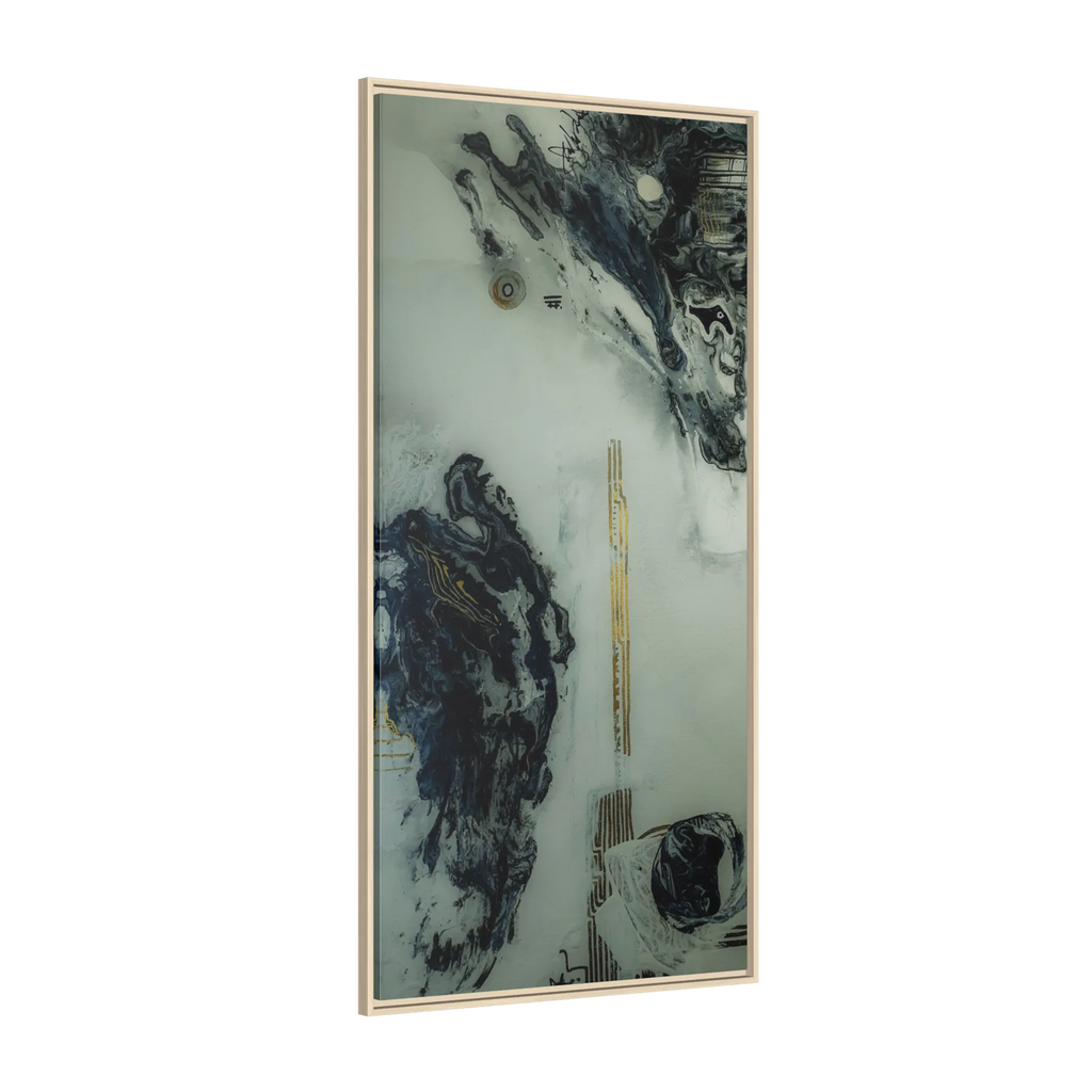 A side view of the "Tu Gough” 30x60 canvas with a 1.25 inch thickness framed modern art wall decor encased in a certified natural wood frame showcasing abstract acrylic poured paint texture with blacks, grey hues, and gold color tones on a faded ink background.