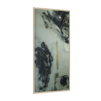 A side view of the "Tu Gough” 30x60 canvas with a 1.25 inch thickness framed modern art wall decor encased in a certified natural wood frame showcasing abstract acrylic poured paint texture with blacks, grey hues, and gold color tones on a faded ink background.
