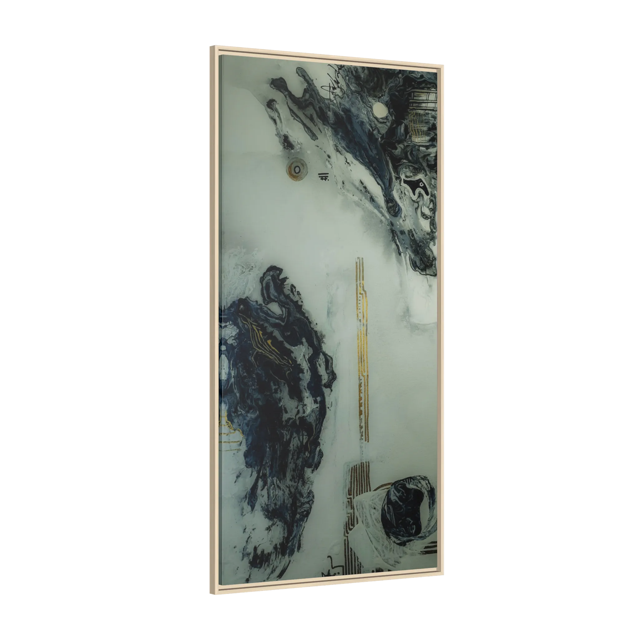 A side view of the "Tu Gough” 30x60 canvas with a 1.25 inch thickness framed modern art wall decor encased in a certified natural wood frame showcasing abstract acrylic poured paint texture with blacks, grey hues, and gold color tones on a faded ink background.