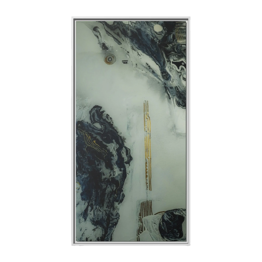 A front view of the "Tu Gough” 30x60 canvas with a 1.25 inch thickness framed modern art wall decor encased in a certified white wood frame showcasing abstract acrylic poured paint texture with blacks, grey hues, and gold color tones on a faded ink background.