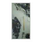 A front view of the "Tu Gough” 30x60 canvas with a 1.25 inch thickness framed modern art wall decor encased in a certified white wood frame showcasing abstract acrylic poured paint texture with blacks, grey hues, and gold color tones on a faded ink background.