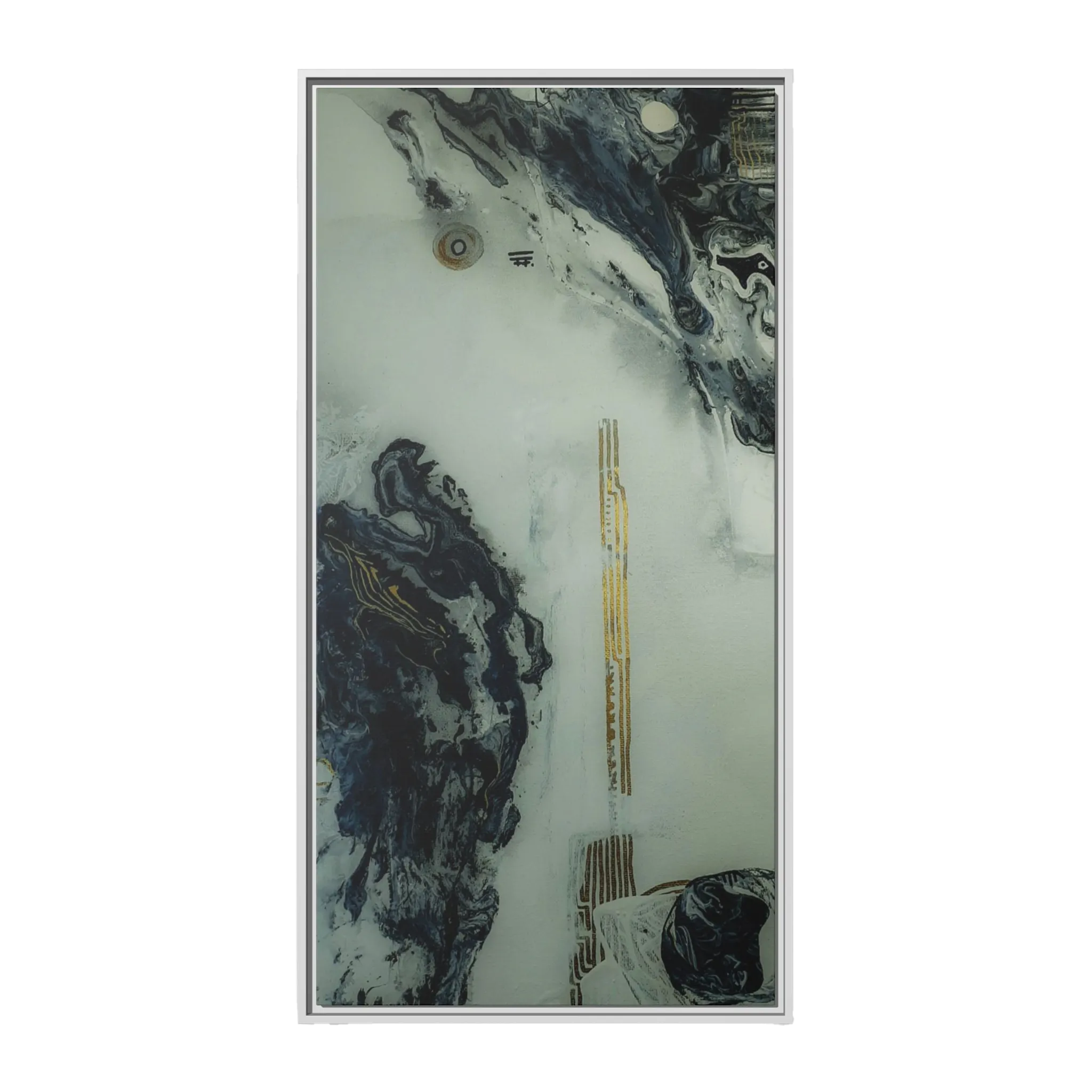 A front view of the "Tu Gough” 30x60 canvas with a 1.25 inch thickness framed modern art wall decor encased in a certified white wood frame showcasing abstract acrylic poured paint texture with blacks, grey hues, and gold color tones on a faded ink background.