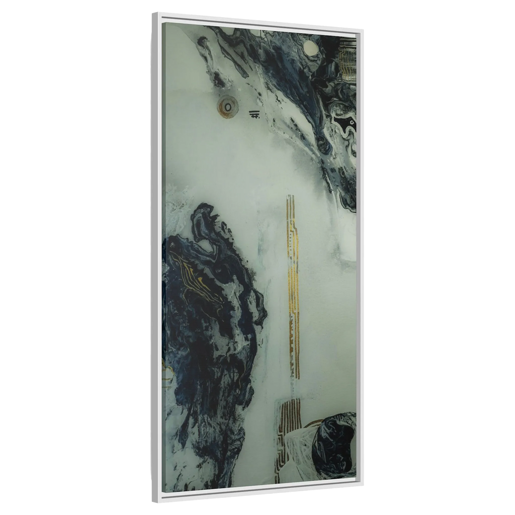 A side view of the "Tu Gough” 30x60 canvas with a 1.25 inch thickness framed modern art wall decor encased in a certified white wood frame showcasing abstract acrylic poured paint texture with blacks, grey hues, and gold color tones on a faded ink background.