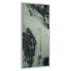A side view of the "Tu Gough” 30x60 canvas with a 1.25 inch thickness framed modern art wall decor encased in a certified white wood frame showcasing abstract acrylic poured paint texture with blacks, grey hues, and gold color tones on a faded ink background.