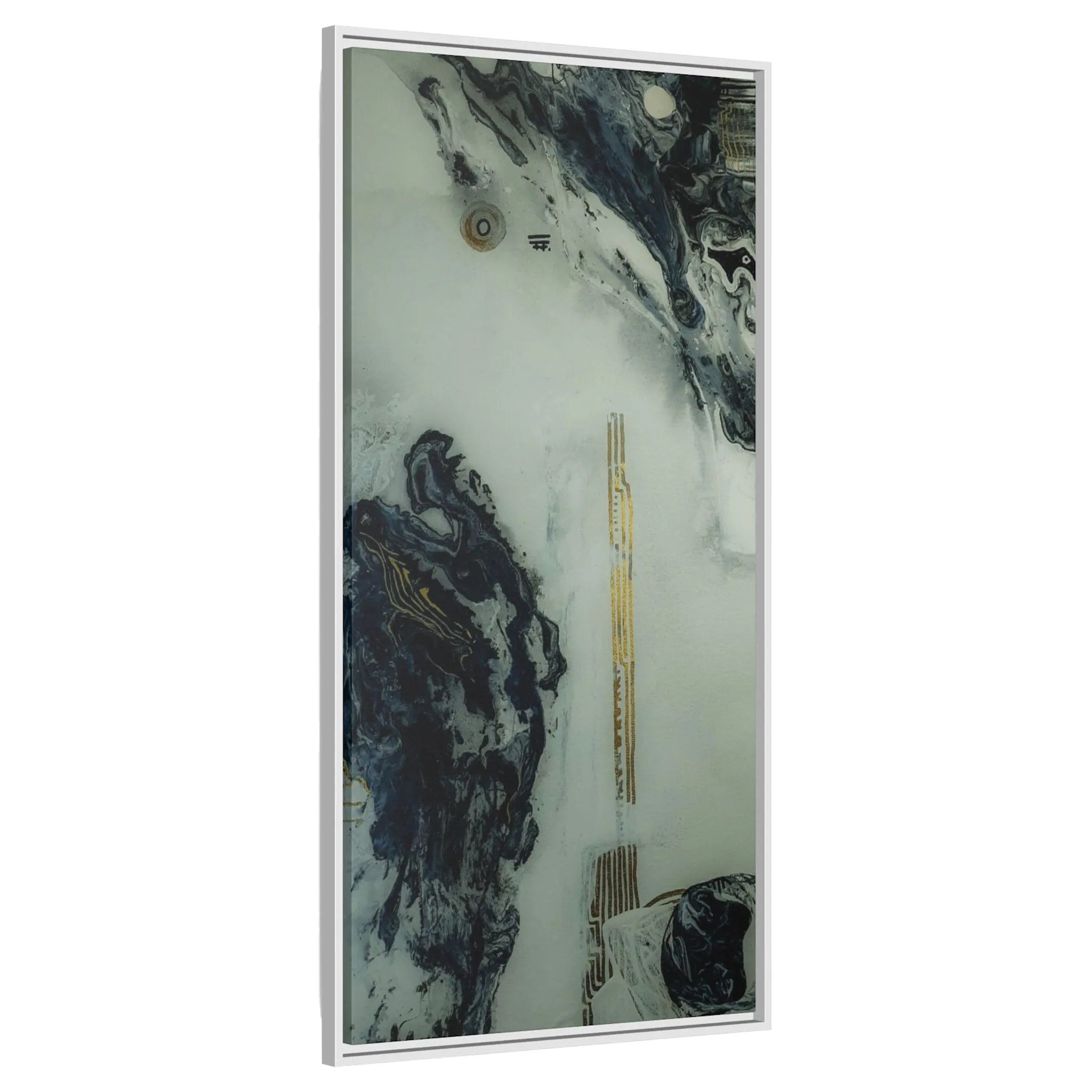 A side view of the "Tu Gough” 30x60 canvas with a 1.25 inch thickness framed modern art wall decor encased in a certified white wood frame showcasing abstract acrylic poured paint texture with blacks, grey hues, and gold color tones on a faded ink background.