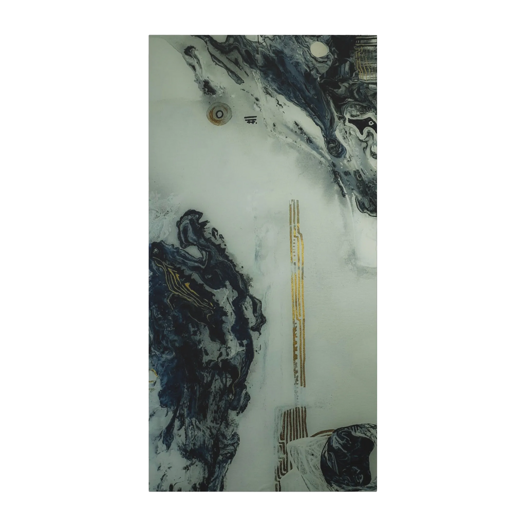 A front preview of the "Tu Gough” 24x48 modern canvas wall decor on a 1.25 inch thick canvas showing acrylic pour texture with blacks, grey tones, and gold color accents on a faded ink background.
