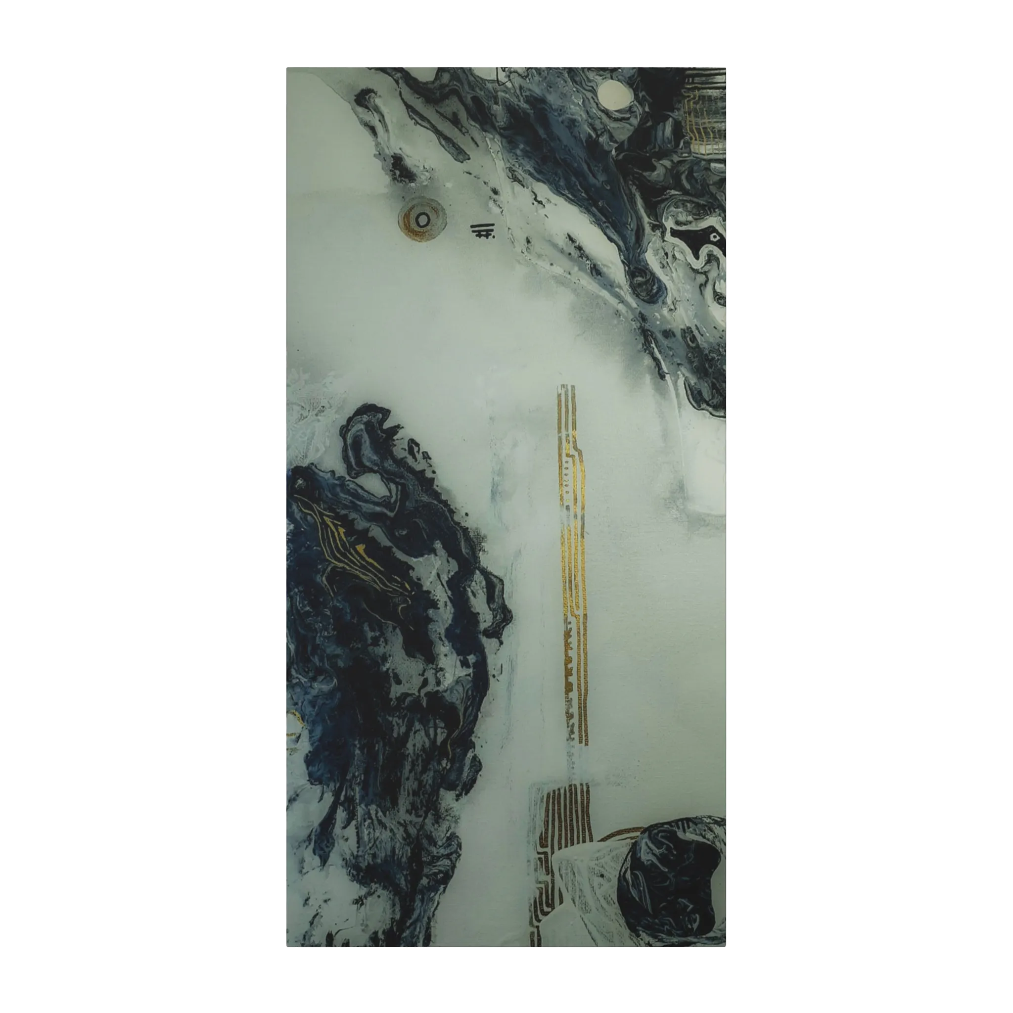 A front preview of the "Tu Gough” 24x48 modern canvas wall decor on a 1.25 inch thick canvas showing acrylic pour texture with blacks, grey tones, and gold color accents on a faded ink background.
