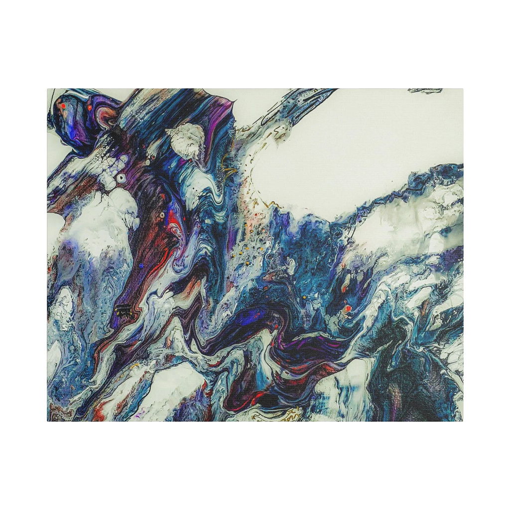 A front preview of the "Afrostar" Freebrd abstract artwork painting on a 30x24 canvas with a 1.5 inch thickness that shows swirling wavy color hues like navy, rugged blue, ivory, off white, traditional red, purples and gold.