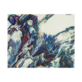 A front preview of the "Afrostar" Freebrd abstract artwork painting on a 30x24 canvas with a 1.5 inch thickness that shows swirling wavy color hues like navy, rugged blue, ivory, off white, traditional red, purples and gold.