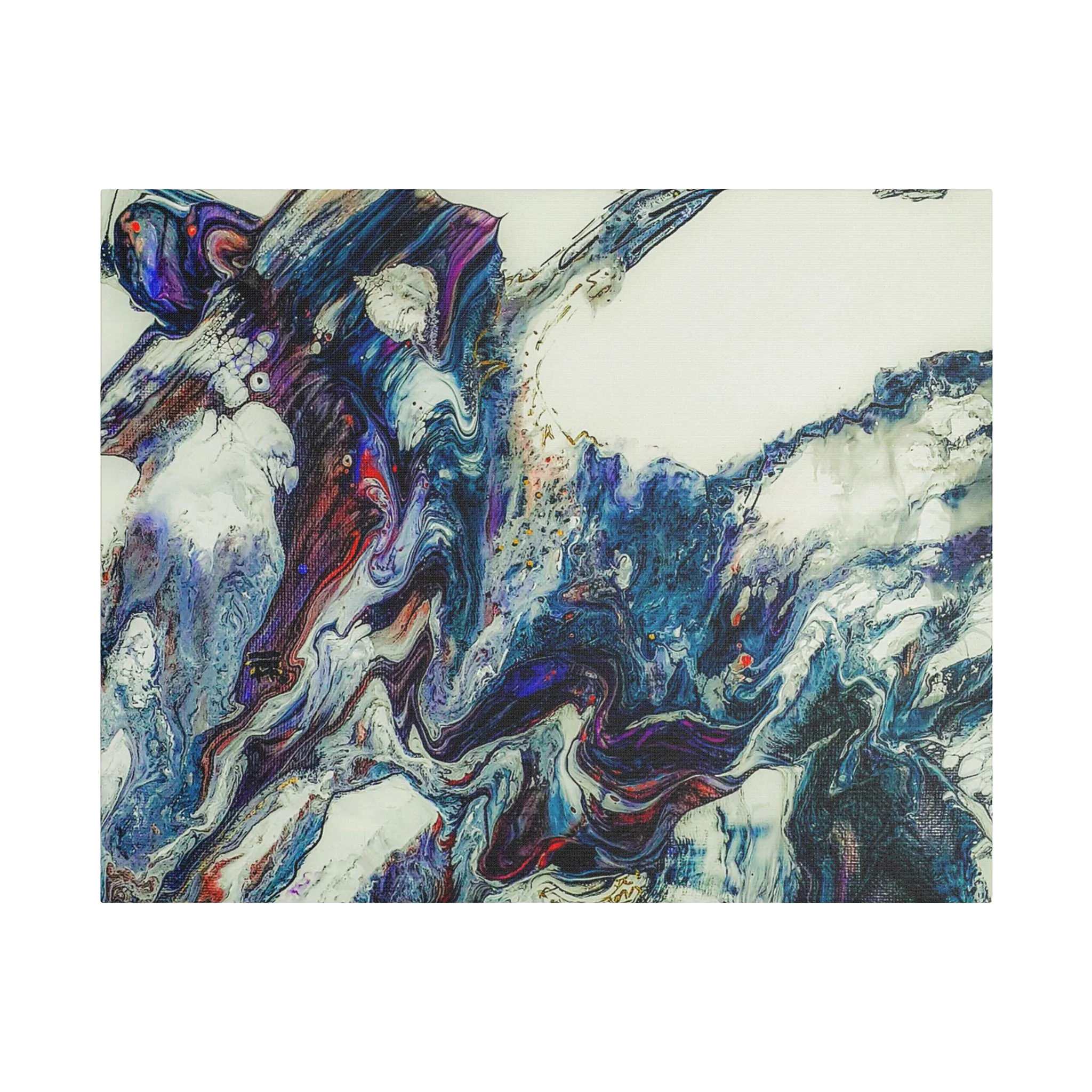 A front preview of the "Afrostar" Freebrd abstract artwork painting on a 30x24 canvas with a 1.5 inch thickness that shows swirling wavy color hues like navy, rugged blue, ivory, off white, traditional red, purples and gold.